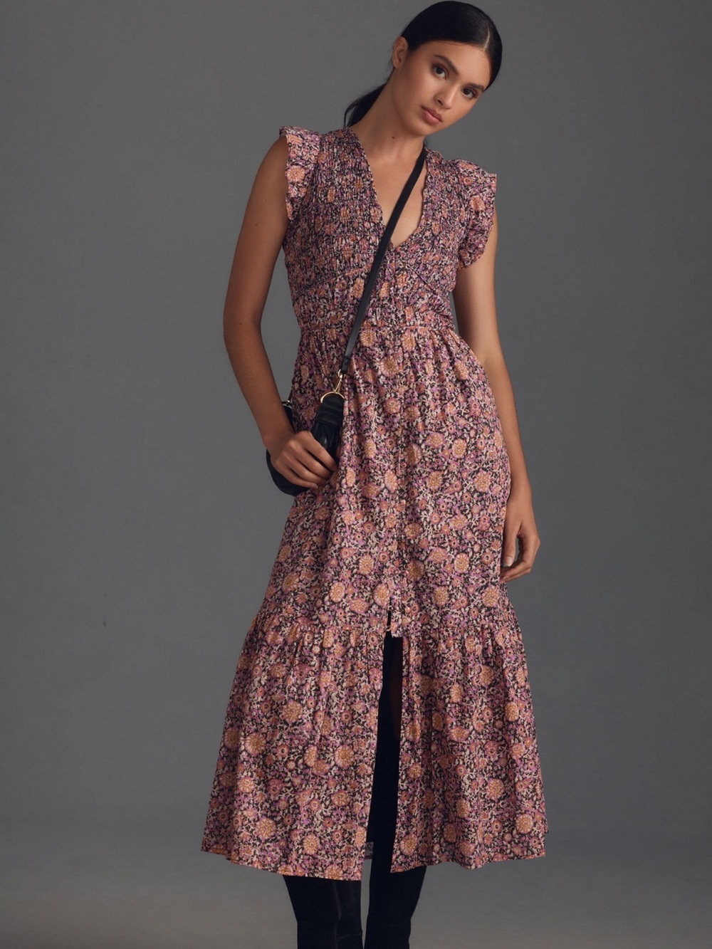 Anthropologie Pink Floral Smocked V-Neck Maxi Dress
